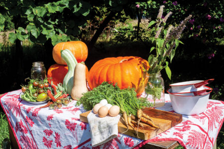 pumpkins, squash, and various vegetables sitting on top of a wood table covered with a&hellip;